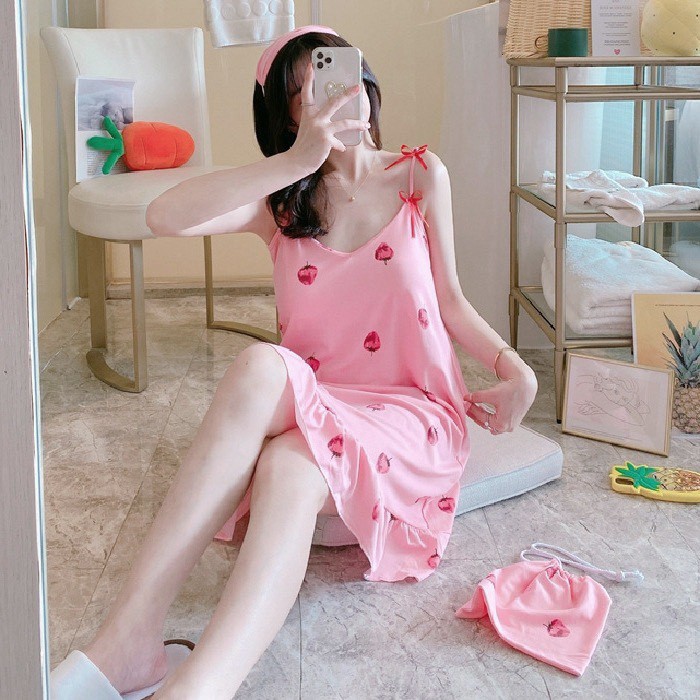 Váy ngủ cute, đầm ngủ thun 2 dây mềm mịn, thoáng mát có mút ngực kèm bịt mắt | BigBuy360 - bigbuy360.vn