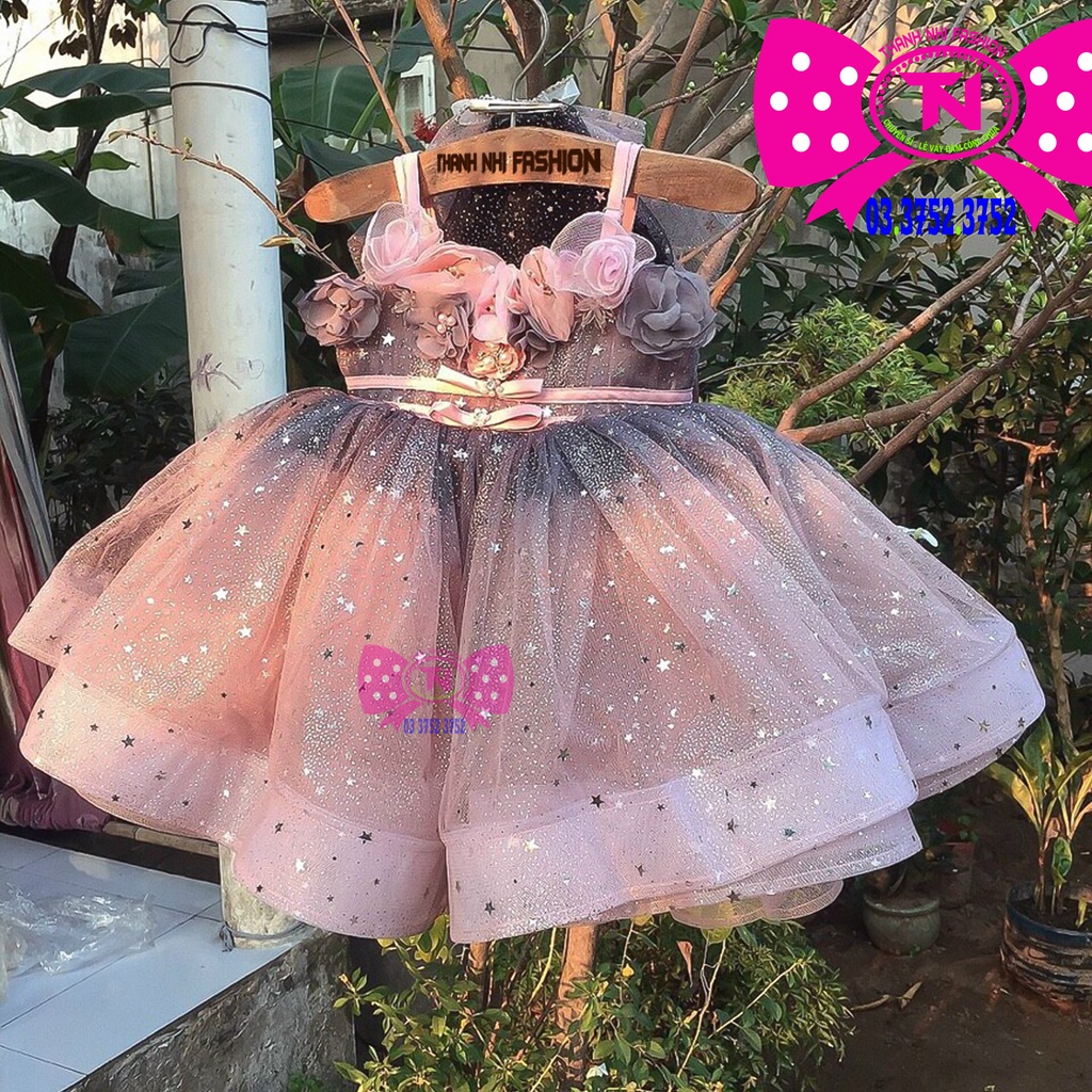 Váy Bé Gái Hồng Loang Đen kim sa ngôi sao lấp lánh lung linh - Hàng Thiết kế cao cấp - Thanh Nhi Fashion TN342022006
