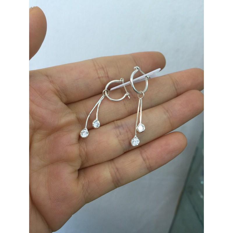 Khuyên tai tròn treo 2-3 sợi mỳ ngắn phối bi bạc ta