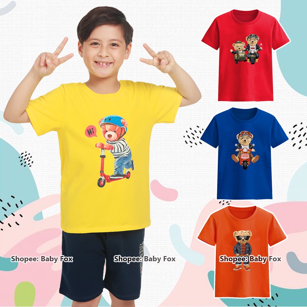 Áo thun bé trai 100% cotton loại tốt, áo phông thương hiệu BABY FOX, in hình gấu, size nhỏ, trung, đại  a