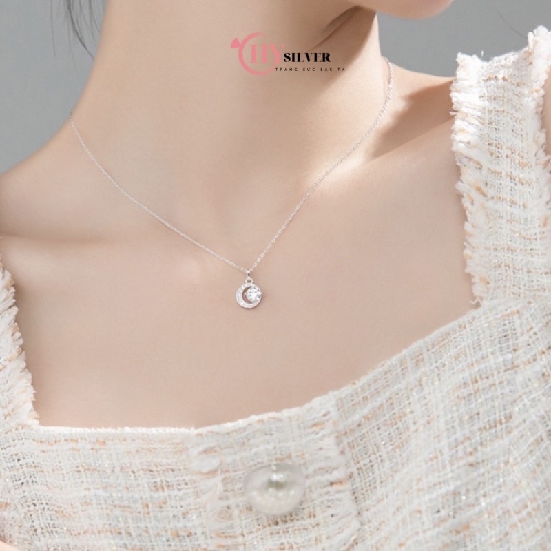Dây chuyền bạc ta mặt trăng ôm đá trăng sao hình tròn nạm đá dây chuyền nữ bạc thật