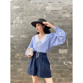 sơmi sọc xanh cổ ren