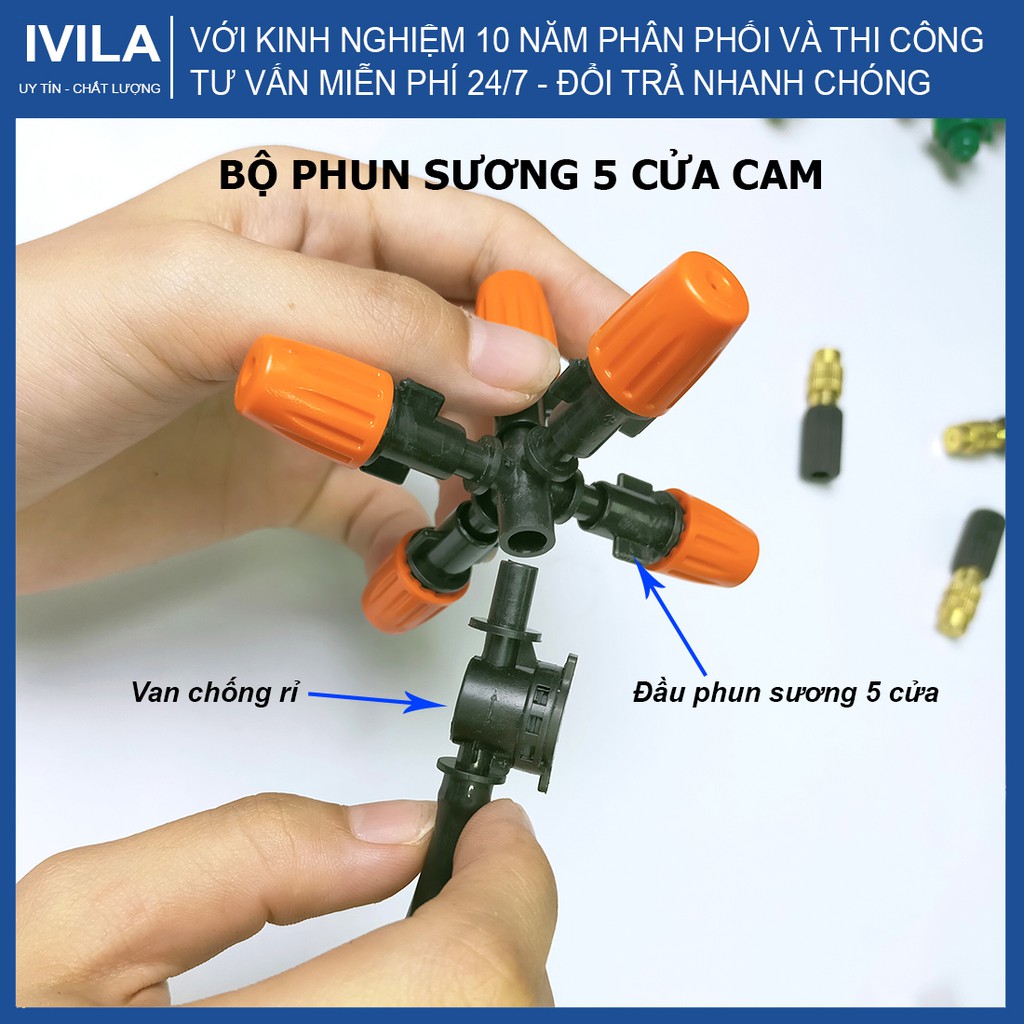 Bộ béc phun sương 5 cửa, 7 cửa cam kèm đối trọng - Béc tưới phun sương cho lan, làm mát đầy đủ phụ kiện kết nối ống LDPE