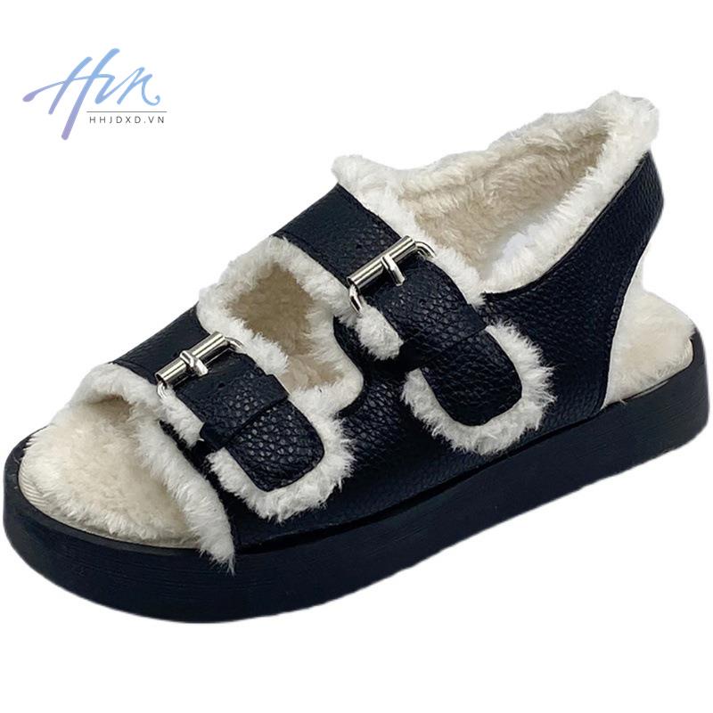 Giày sandal đế phẳng dày dặn lót lông cừu thời trang Hàn Quốc 2022 dành cho nữ tùy chọn màu sắc