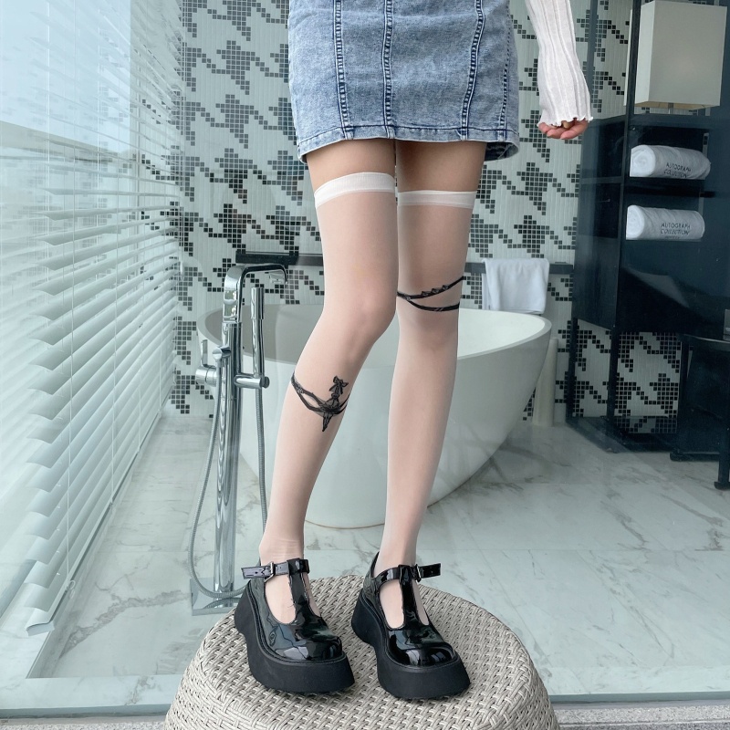 Vớ Dài Qua Gối Vải Lụa Xuyên Thấu In Hình Thanh Kiếm Phong Cách Gothic Cho Nữ