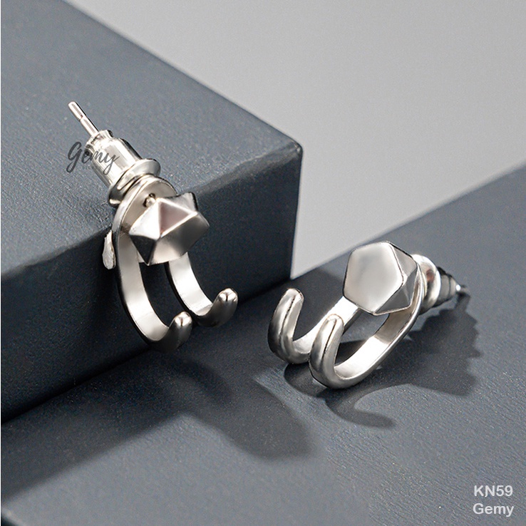 Khuyên tai nam bạc 925 lục lăng 2 móc cong unisex (1 chiếc) | GEMY SILVER KN59