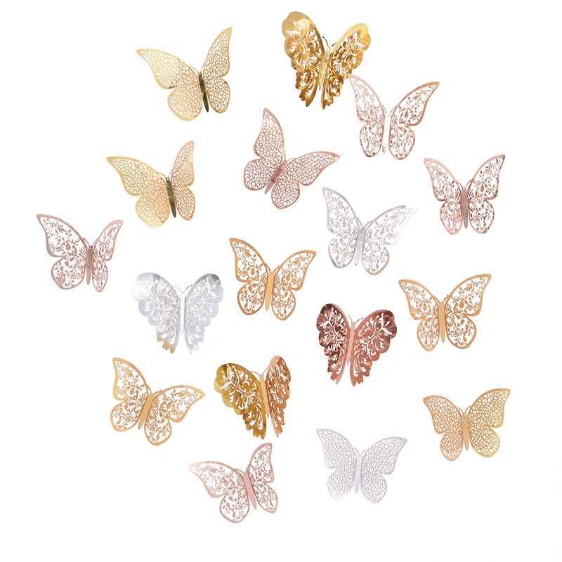 Set 12 Miếng Dán Tường Hình Bướm 3D Rỗng Màu Vàng/Bạc Trang Trí Phòng Khách/Đám Cưới
