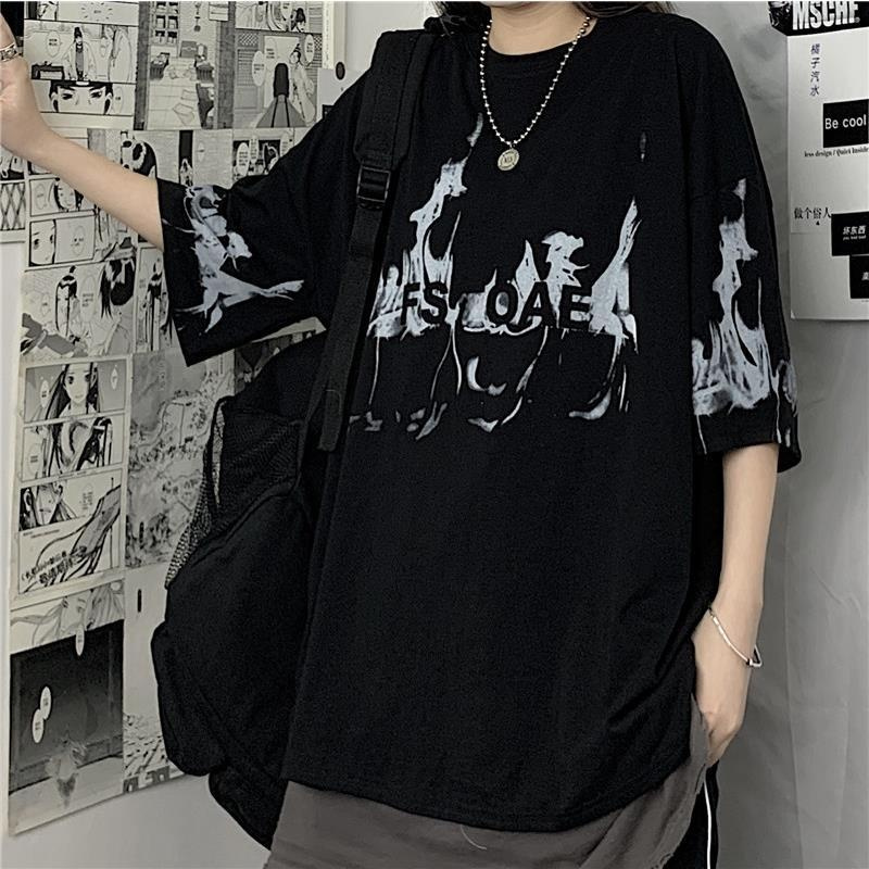 Short sleeve T-shirt women's summer Korean version ins Harajuku style retro flame print loose base shirt with white top inside