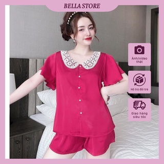 Đồ bộ lụa đùi bộ mặc nhà nữ áo nữ tay loa phối cổ ren quần đùi chất lụa satin mền mịn màu sắc trẻ trung.