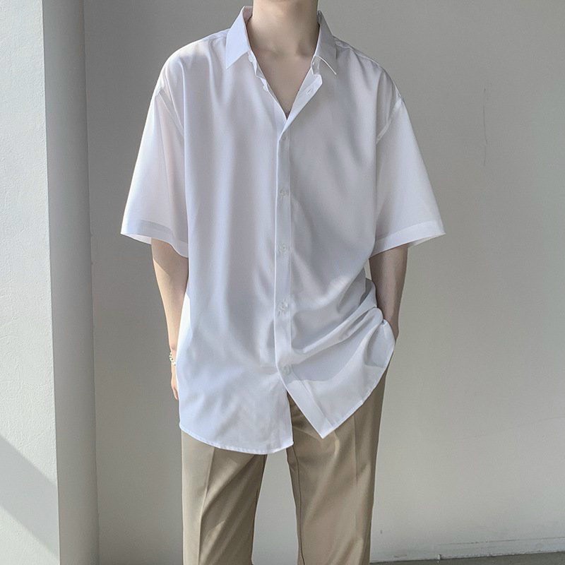 Áo sơ mi lụa tay ngắn trơn unisex