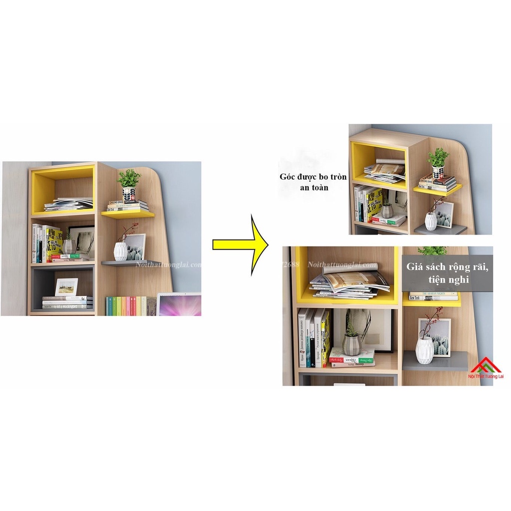 Bàn học góc kèm giá sách thiết kế linh hoạt BH6830, chất liệu gỗ MDF cốt xanh chống ẩm phủ melamin bền đẹp