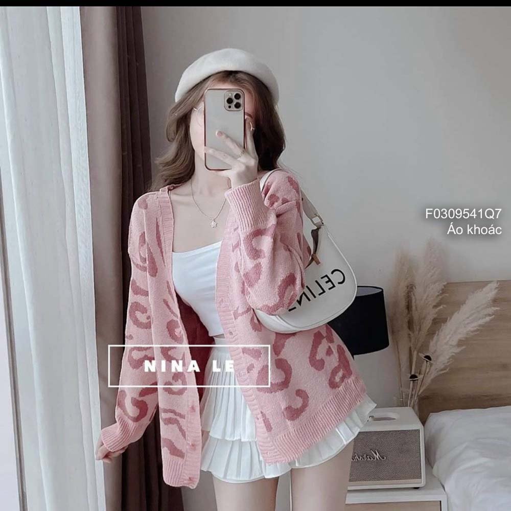 Áo khoác len cardigan họa tiết beo gài nút form rộng tay dài hàng QC!