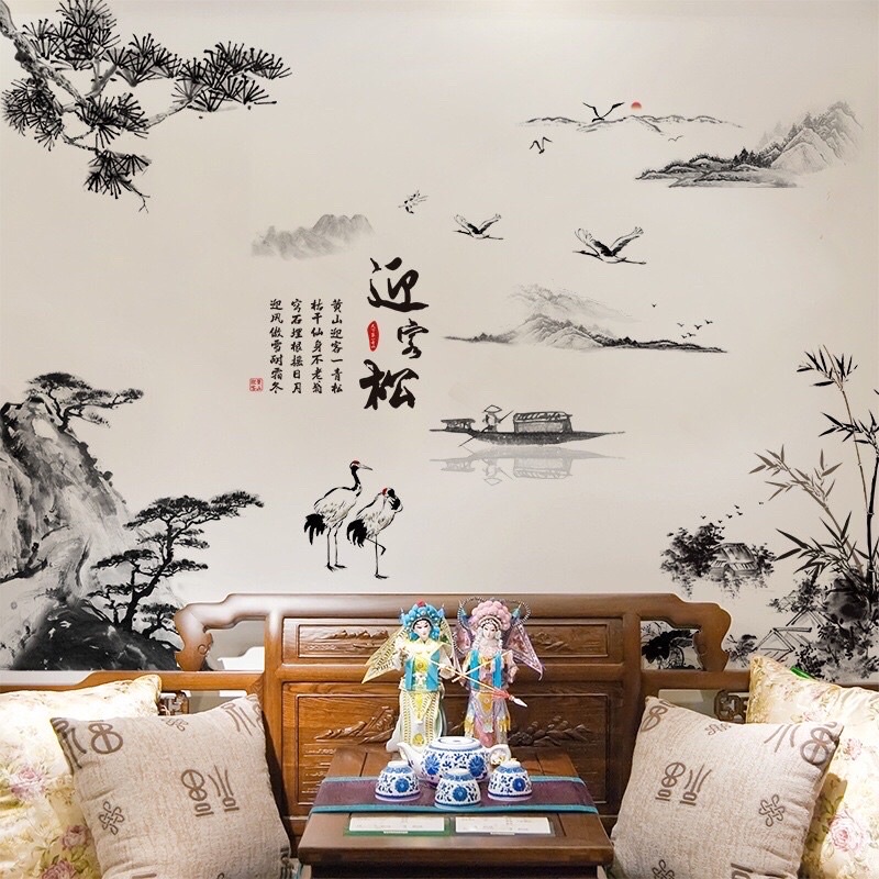 Decal dán tường sơn thuỷ cò bên bờ sông