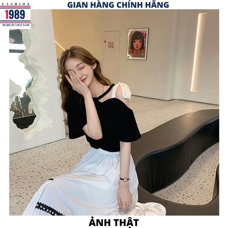 Áo thun nữ khoét vai buộc nơ kiểu dáng hàn quốc cực xinh choker ulzzang -PHƯƠNG VŨ 1989