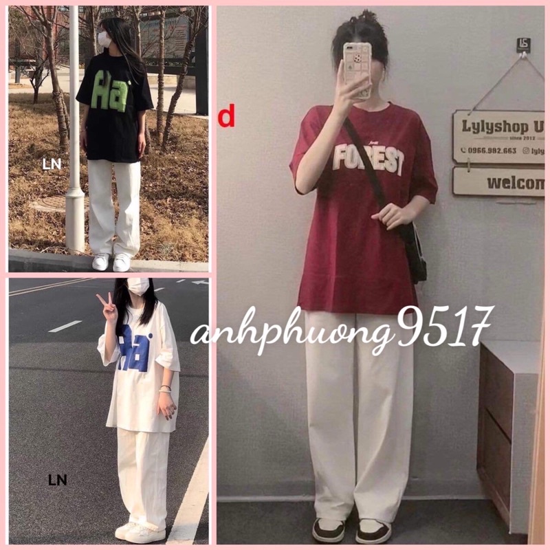 Set Quần Dài Trắng suông Áo Forget, AA[FREESHIP] Bộ đồ culottes trơn  kèm thun form rộng tay lỡ in hình vintage Ulzzang