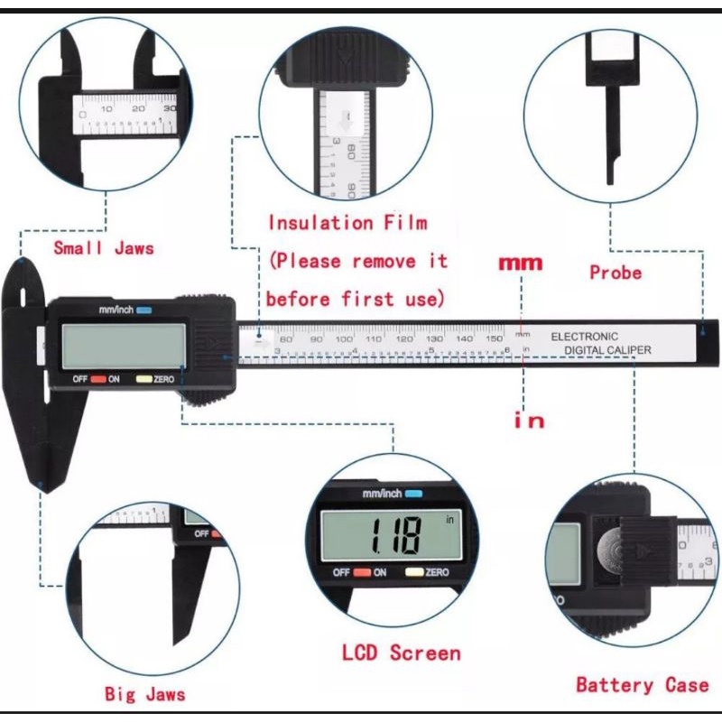 Thước kẹp điện tử 150mm sợi nhựa cacbon Syntek chính hãng, tặng pin