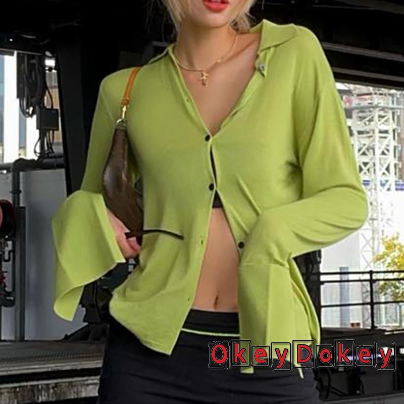 OKDK-Women´s Button Down Tops Long Sleeve V Neck Solid Color Lapel Shirt Thin Cardigan