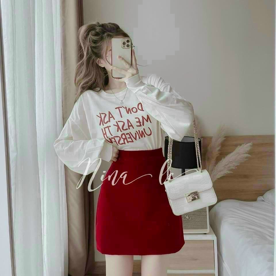 Set Váy Tiểu Thư Nữ Tay Dài In Chữ Phối Chân Váy Chữ A Tôn Dáng, Sét Váy Đỏ Đi Tiệc