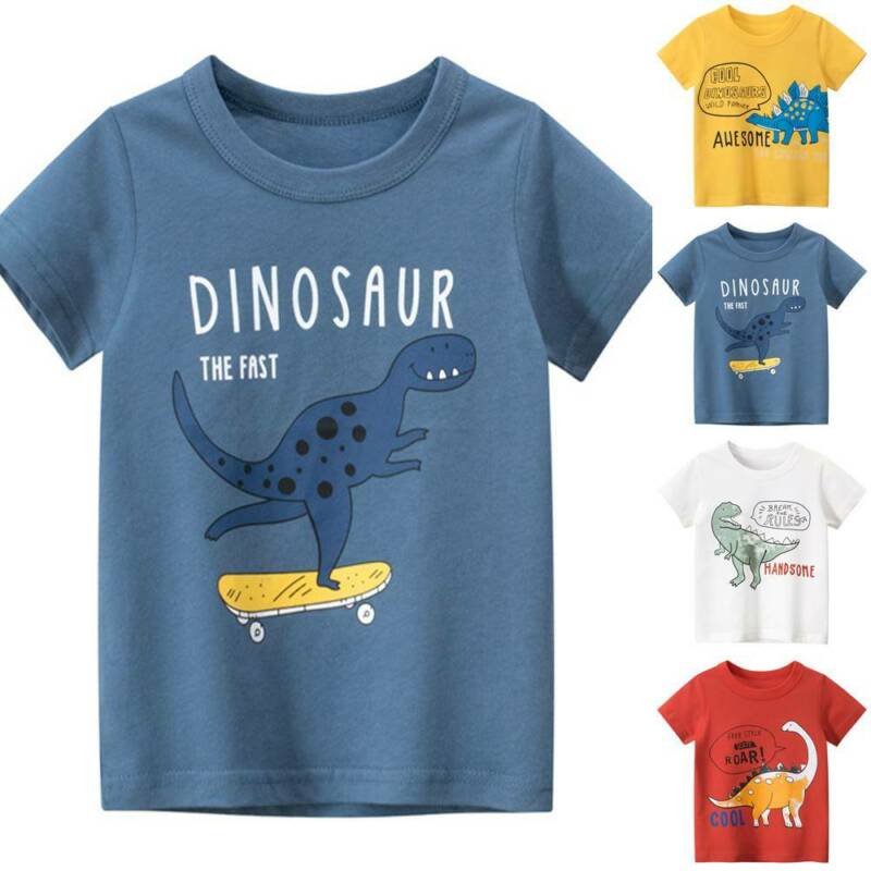 Children's Clothing Boys Girls Fashion Tops Cartoon Dinosaur Printed Short Sleeve Cotton