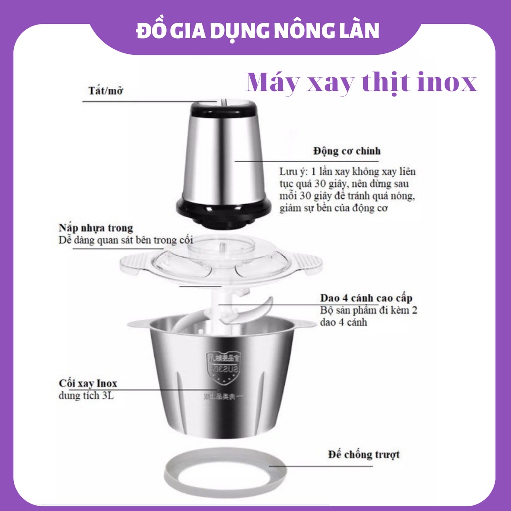 Máy xay thịt đa năng NLSHOP 2L inox 4 lưỡi dao thép không gỉ, máy xay đa năng xay sinh tố xay thịt xay ngũ cốc