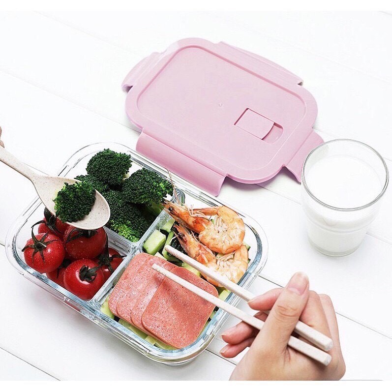 Hộp thủy tinh cao cấp Glass Food Container 3 ngăn 1000ml - Hộp cơm thủy tinh 3 ngăn