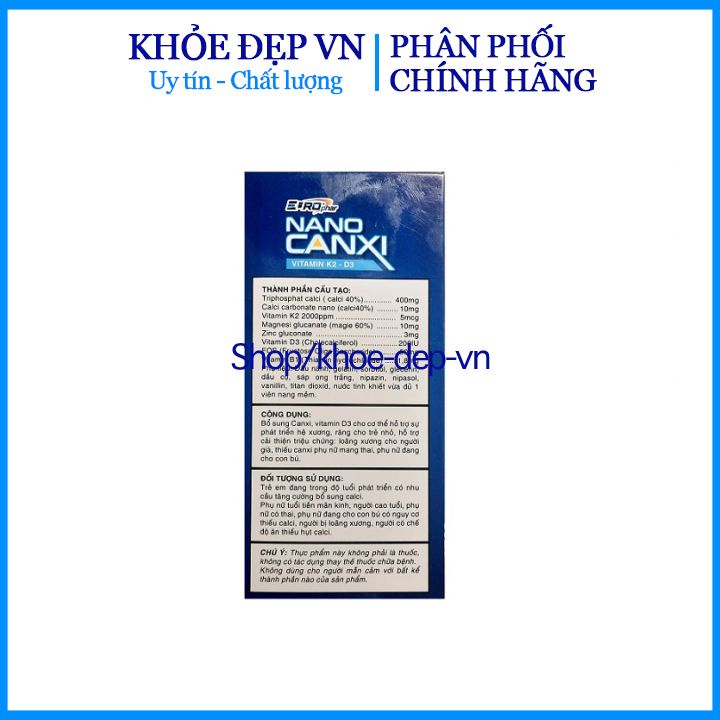 Viên uống Nano Canxi Vitamin K2 D3 bổ sung canxi, hỗ trợ phát triển xương và chống loãng xương – Hộp 60 viên