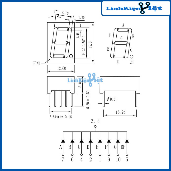 Bộ 10 Con Led 7 Thanh Anot Chung 1 Số 0,56Inch ( Sáng Đỏ )
