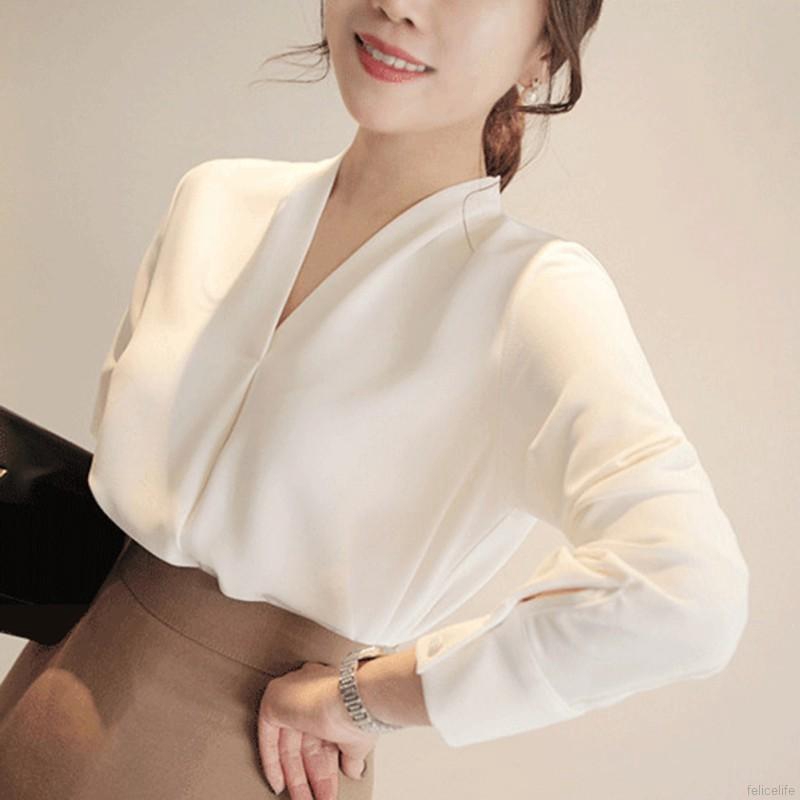 FREESHIP ĐƠN 99K_ Women Elegant Blouse Long Sleeve Solid Sweet V Neck Top Shirt