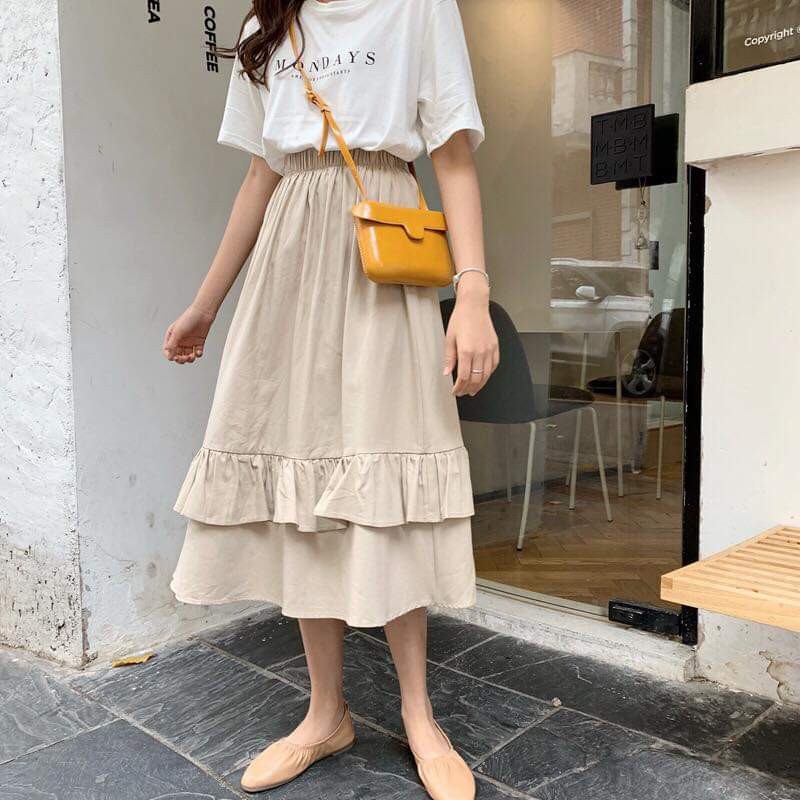 Chân váy ulzzang kaki 2 tầng dáng suông cạp chun form rộng chất kaki dày dặn ,chân váy ulzzang nữ dáng dài | BigBuy360 - bigbuy360.vn