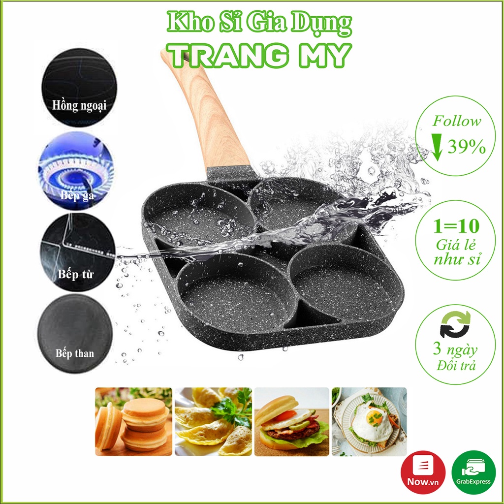 Chảo Đá 4 Ngăn Chống Dính Cao Cấp , chiên trứng, làm bánh 4 món trong 1,  tay cầm bằng cán gỗ Sang Trọng