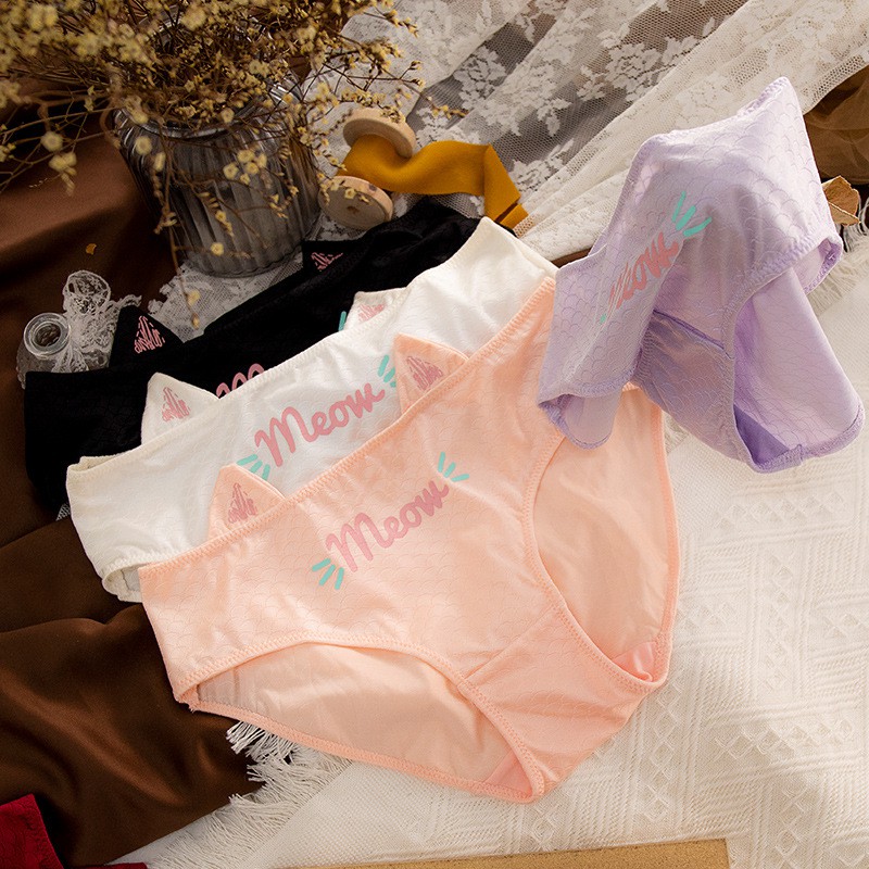 Dễ Thương Quần Lót Vải Satin Lưng Vừa In Hình Tai Mèo Hoạt Hình Phong Cách Nhật Hàn Cho Nữ