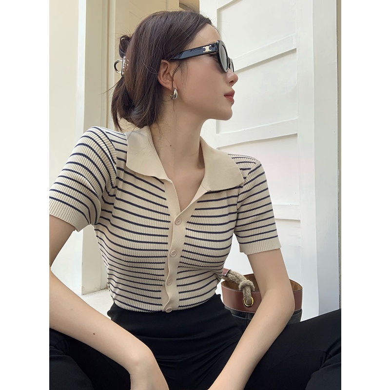 Áo polo QKOOLE tay ngắn họa tiết sọc thời trang cho nữ