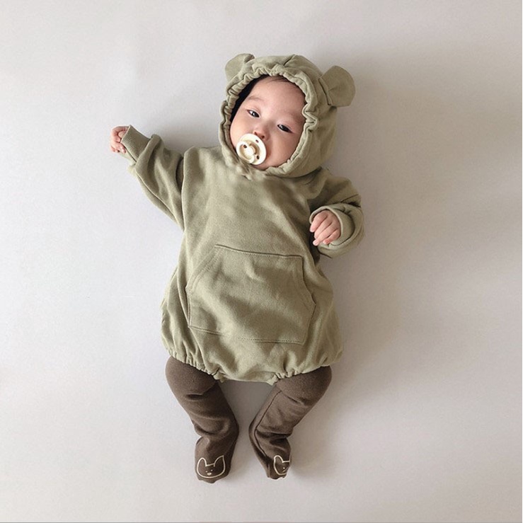 Áo liền quần tay dài mũ có tai gấu thời trang xuân thu dễ thương cho các bé