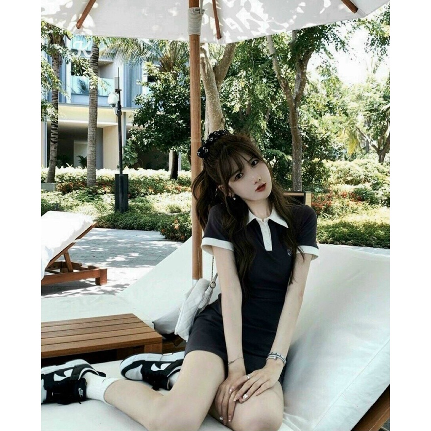Đầm ôm body đơn giản , đầm thun thêu  chữ DK cổ sơ mi, đầm polo dáng xuông tay ngắn 2 màu đen trắng trẻ trung cá tính