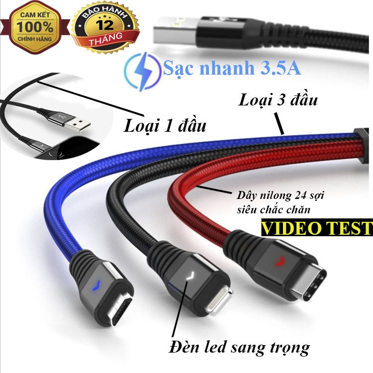 [LỖI HOÀN TIỀN 100%] Cáp sạc siêu nhanh 3A 3 đầu và 1 đâu dành cho Andoird và IOS dài đến 2m siêu bền