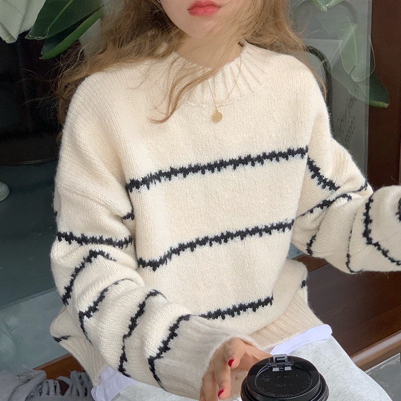 Porozi  Áo len nữ dài tay cổ cao sọc ngang thời trang