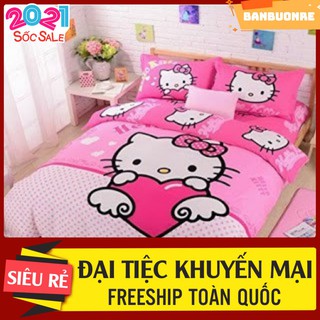 Set 5 Món Vỏ Chăn Ga Gối Kèm Vỏ Gối Ôm POLY Hello kitty cánh tim BBR03