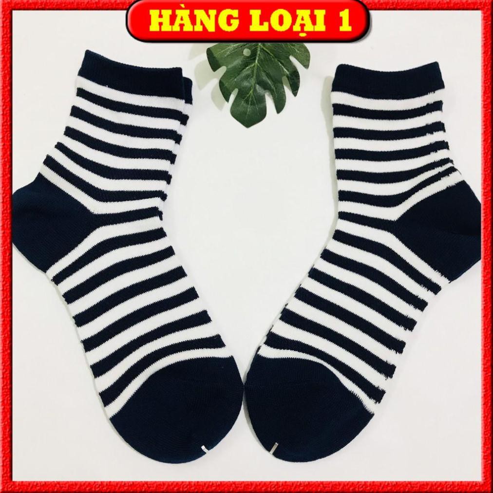 Tất/ vớ nữ cổ cao kẻ sọc chất cotton thấm hút mồ hôi, chống hôi chân. Hàng xuất Nhật (mẫu navy kẻ trắng)