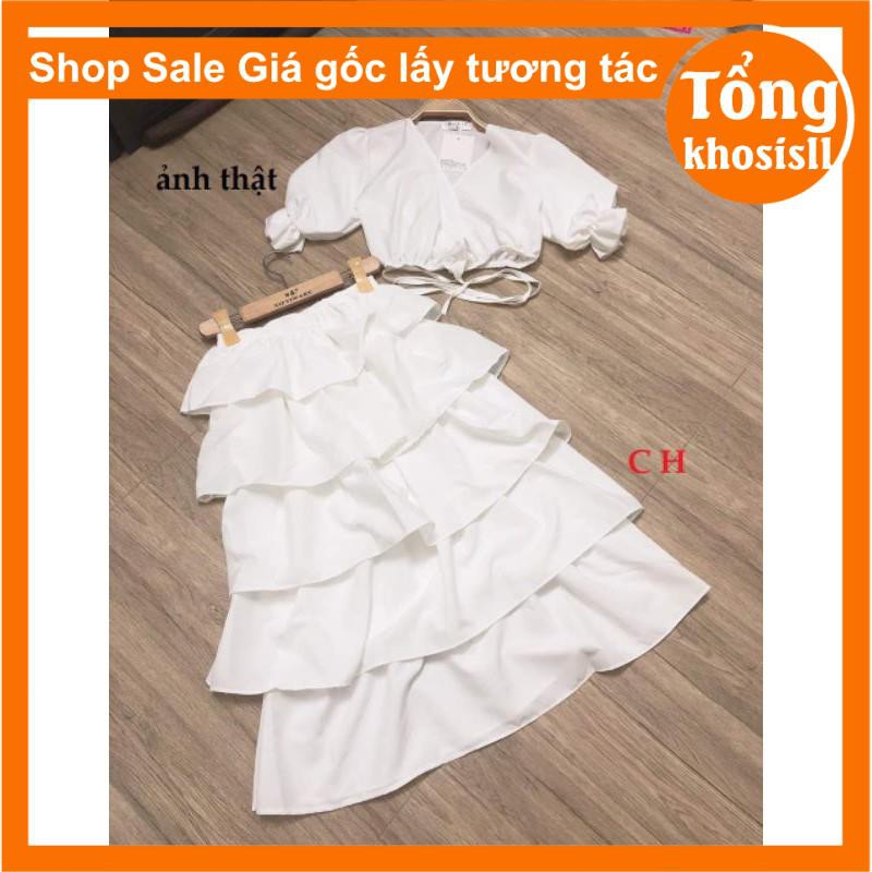 Sét Váy Đầm tiểu thư gồm hai món áo Croptop 💥Chân váy năm tầng chất đẹp