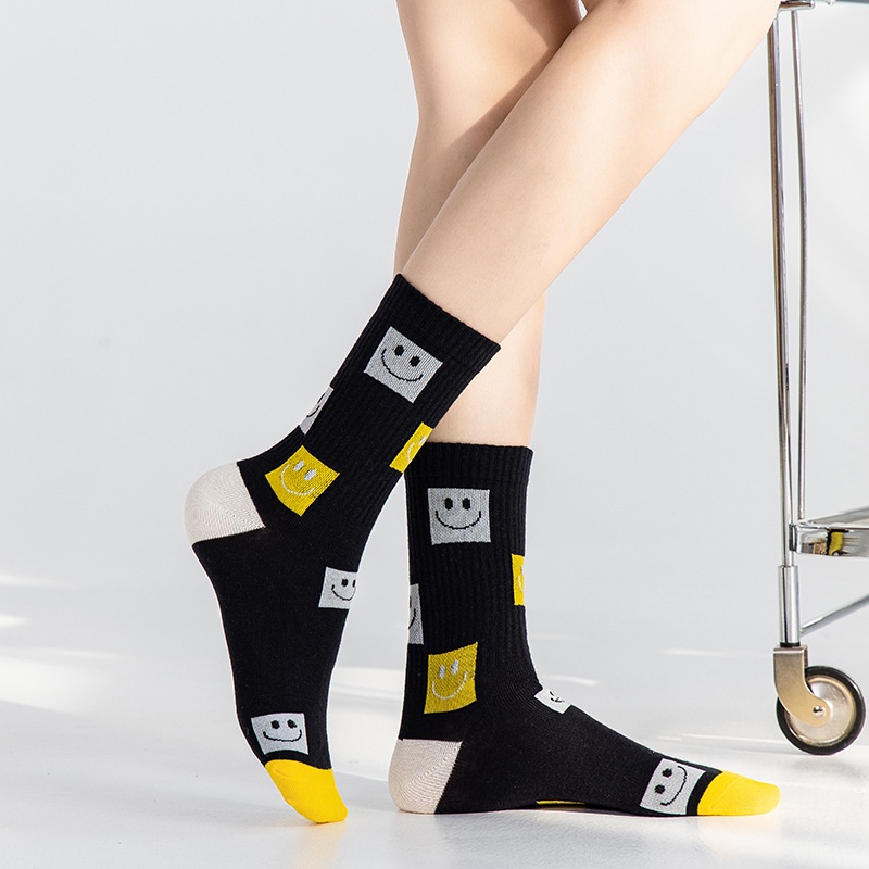 Tất cotton WAFNHA KAFU D377 cổ cao họa tiết hoạt hình mặt cười dễ thương