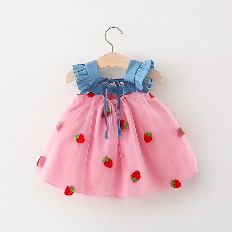 Váy bé gái cánh tiên thêu dâu và cherry dễ thương  từ 6 tháng đến 4 tuổi