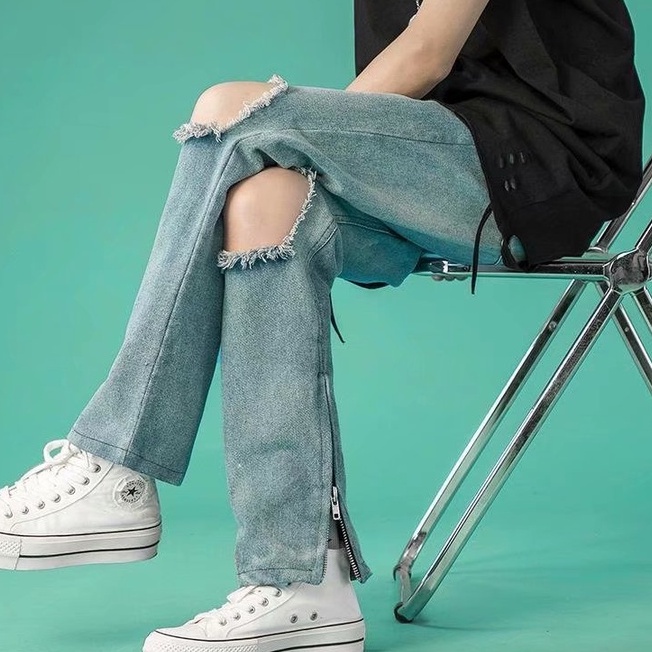 Quần jean rách dáng ôm phối khóa kéo thời trang cá tính tùy chọn màu sắc cho nam