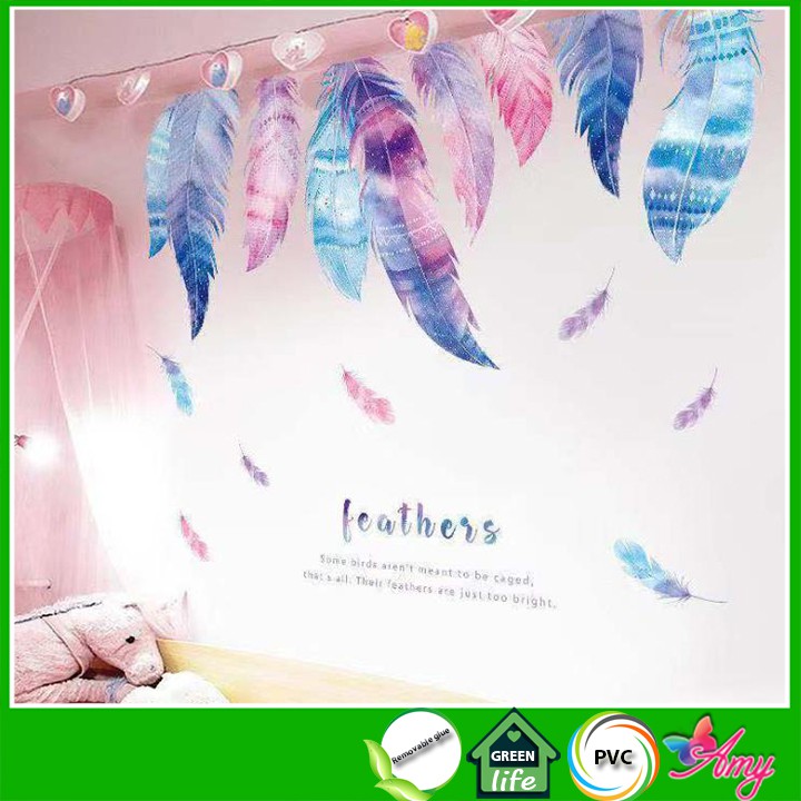 Decal dán trang trí phòng ngủ nhiều màu sắc - lông vũ sáng tạo đẹp và lãng mạn