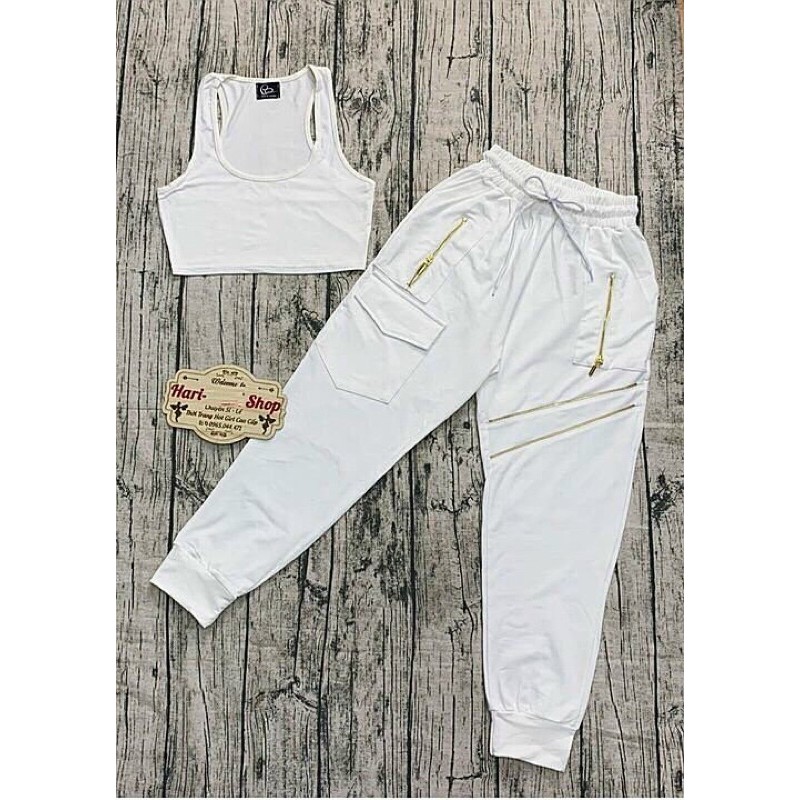 Set thể thao áo croptop ba lỗ quần jogger cao cấp