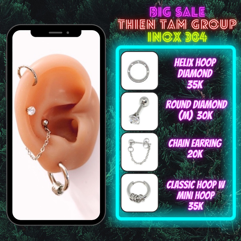 Khuyên tai helix tròn đá xích tròn mini đá tròn bằng inox 304 không rỉ - Tâm Tattoo