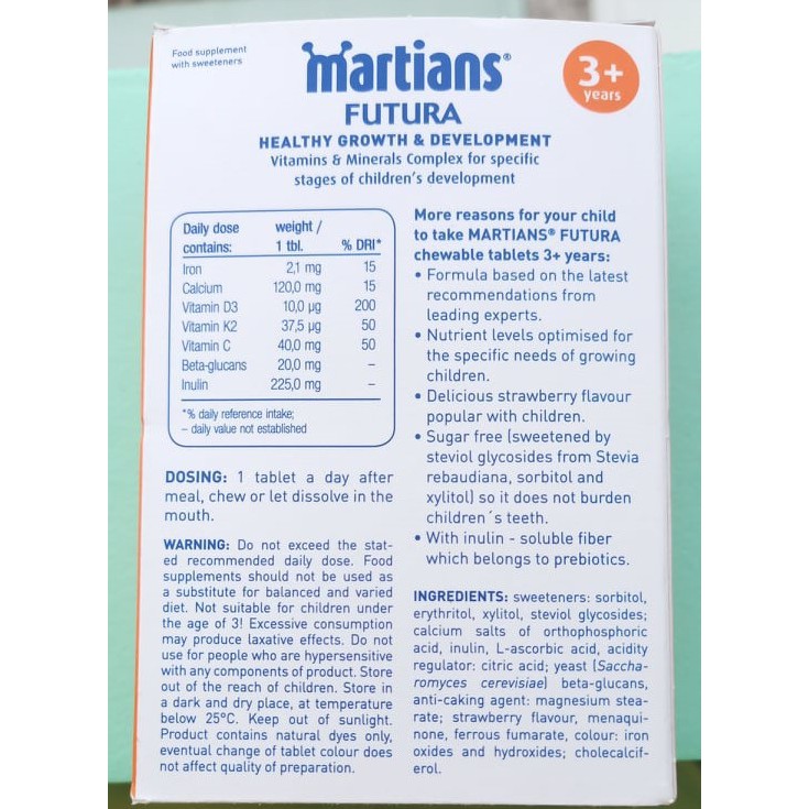 Kẹo nhai trẻ em Martians Futura Stada 30 viên tăng đề kháng, bổ sung canxi, vitamin C, beta glucan