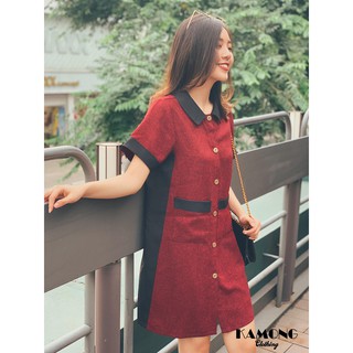 [HÌNH THẬT] ĐẦM CỔ SEN PHỐI 2 MÀU (ĐỎ ĐÔ)