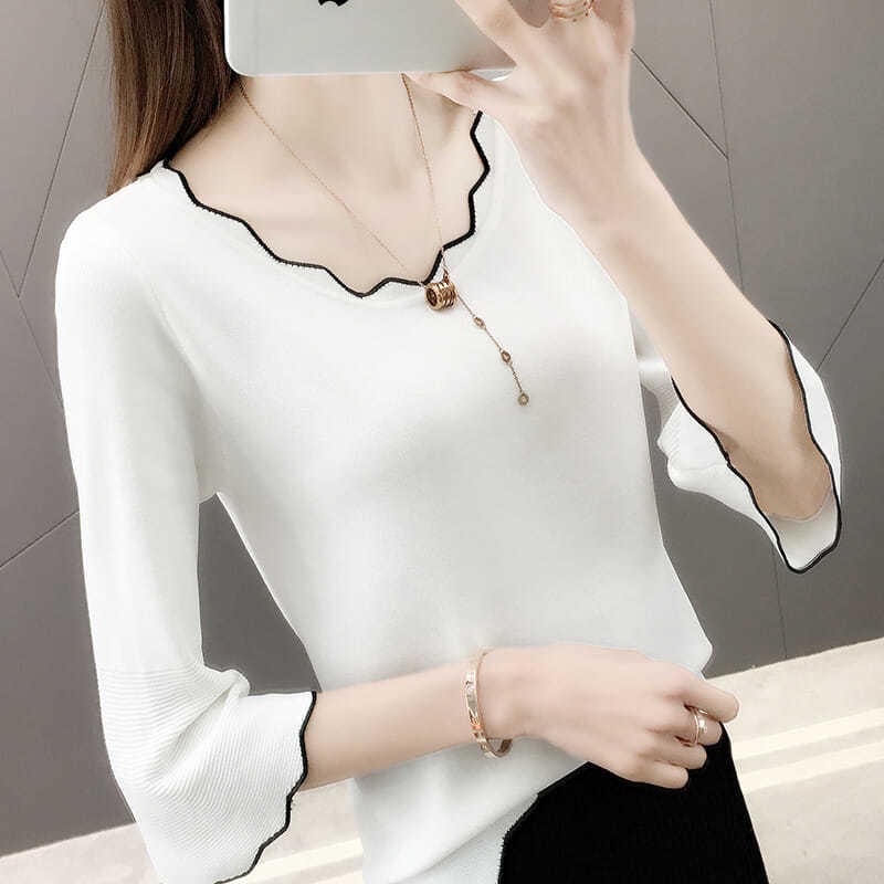 Áo Thun Nữ Tay Dài Viền Lượn Sóng Ống Tay Rộng