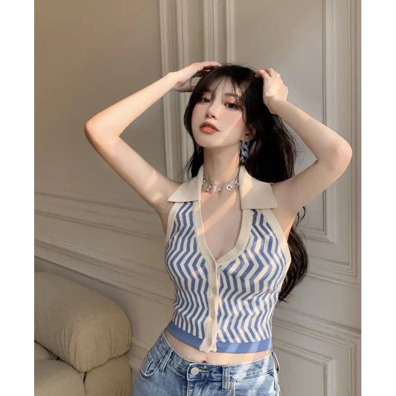 Áo Croptop sơ Mi Yếm Cổ Bẻ Thun cotton chất bo tăm Co Giãn 4 Chiều Đi Biển,Du Lịch,... cực hot trên tiktok mấy ngày qua