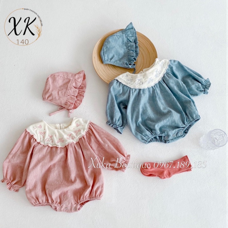 Set Bodysuit Dài Tay Cổ Nhung Cherry Kèm Mũ Bé Gái Dễ Thương - Xuka Boutique - Quần Áo Trẻ Em phong cách Hàn Quốc